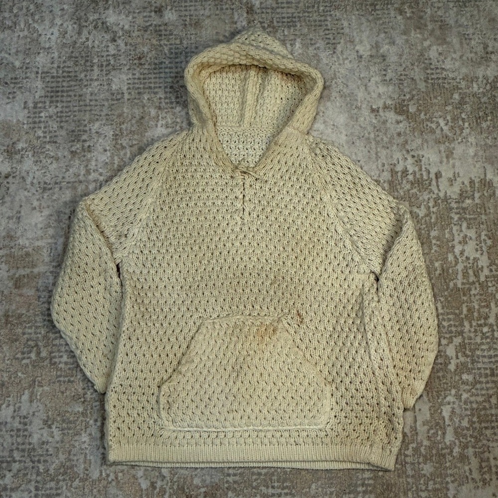 Vintage 70s Hand Knit Cream Hooded Kangaroo Pocket Wool/Cotton Pullover Sweater